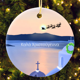 Ornamento De Cerâmica Natal em Santorini, Grécia com Papai Noel