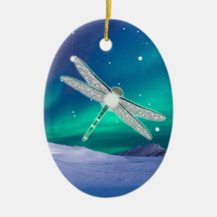 Ornamento De Cerâmica Natal estrelado das luzes da libélula de