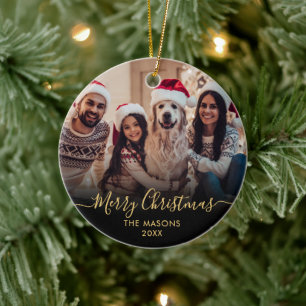 Ornamento De Cerâmica Natal feliz com o Dourado Script Negro 2 Foto