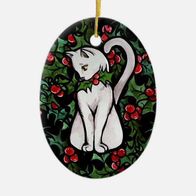 Ornamento De Cerâmica Natal Feriado - Holly White Cat (Frente)