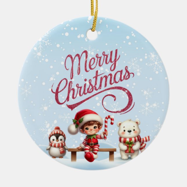 Ornamento De Cerâmica Natal Festivo com Elf, Convite para Pinguins (Frente)