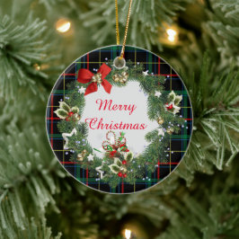 Ornamento De Cerâmica Natal Festivo Tartan com Wreath e Saudação