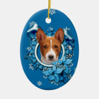 Ornamento De Cerâmica Natal - floco de neve azul - Basenji