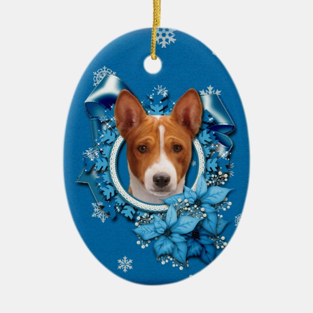 Ornamento De Cerâmica Natal - floco de neve azul - Basenji (Frente)