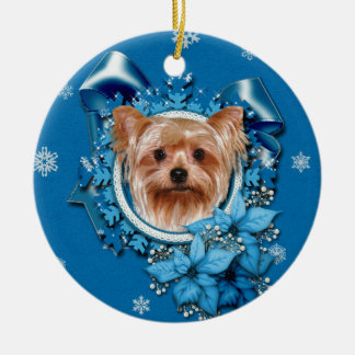 Ornamento De Cerâmica Natal - flocos de neve azuis - yorkshire terrier