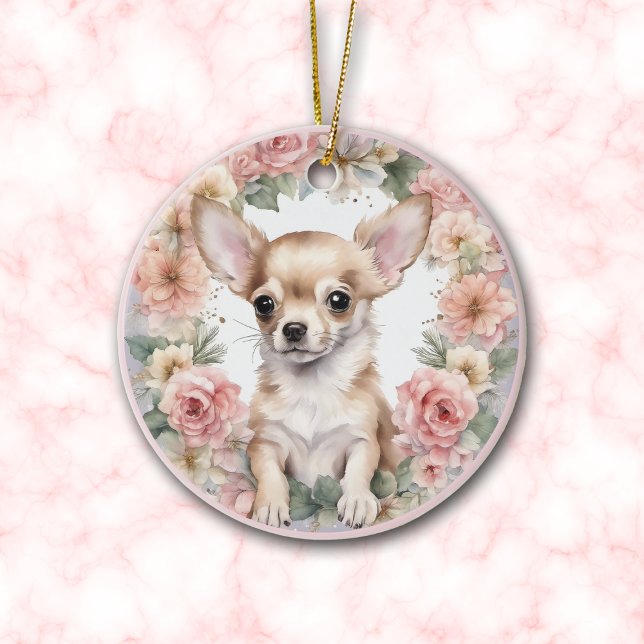 Ornamento De Cerâmica Natal Floral Adorável Chihuahua Puppy Rosa (Criador carregado)