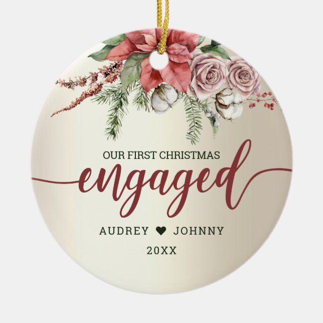 Ornamento De Cerâmica Natal Floral de Poinsettia Vermelha Envolvida no P (Frente)