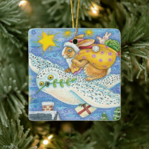 Ornamento De Cerâmica Natal fofo com Coelho como Papai Noel em uma coruj