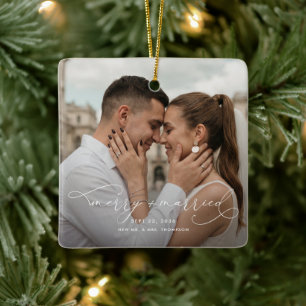 Ornamento De Cerâmica Natal Foto Elegante Minimalista Feliz & Casados
