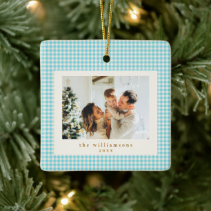Ornamento De Cerâmica Natal Foto Personalizada Xadrez Ginga Azul Fofo