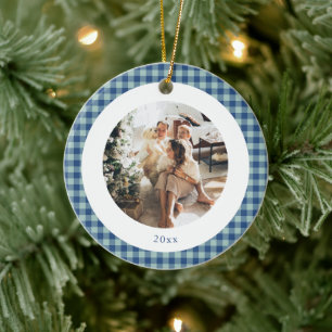 Ornamento De Cerâmica Natal Foto Personalizada Xadrez Ginga Azul Fofo