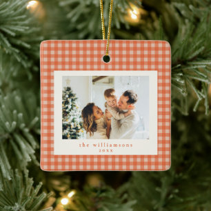 Ornamento De Cerâmica Natal Foto Personalizada Xadrez Gingham Laranja Fo