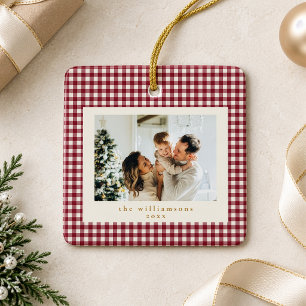 Ornamento De Cerâmica Natal Foto Personalizada Xadrez Vermelho Cranberry