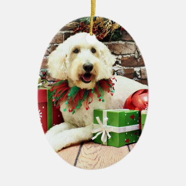 Ornamento De Cerâmica Natal - GoldenDoodle - biscoito (Frente)