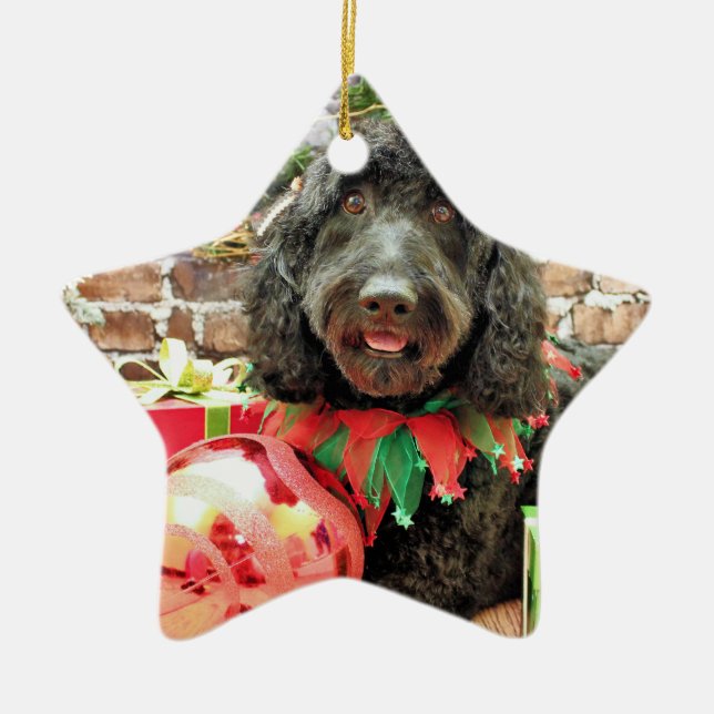 Ornamento De Cerâmica Natal - GoldenDoodle - doce da pérola (Frente)
