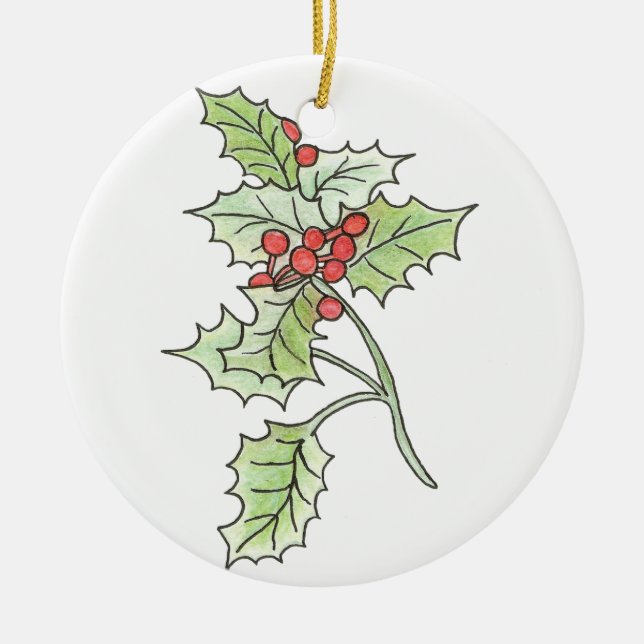 Ornamento De Cerâmica Natal Holly e Berry Ornament (Frente)