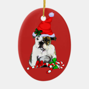 Ornamento De Cerâmica Natal inglês do buldogue do papai noel bonito