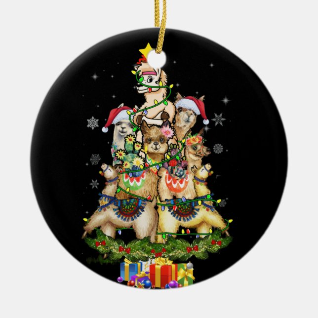 Ornamento De Cerâmica Natal Lights Llama Santa Hat Tree Llama (Frente)