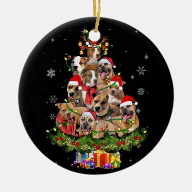 Ornamento De Cerâmica Natal Lights Pitbull Santa Hat Tree Pitbull (Frente)