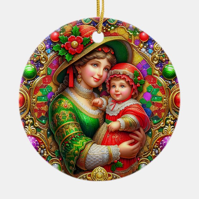 Ornamento De Cerâmica NATAL ~ Mãe e Filho do século XIX ~ (Frente)