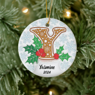 Ornamento De Cerâmica Natal Monograma com Letra Y Personalizada