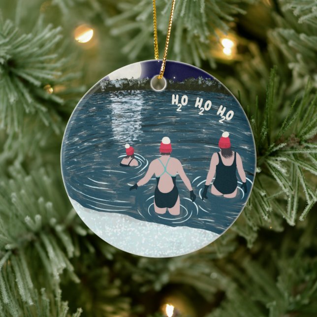 Ornamento De Cerâmica Natal nadando no lago de neve em Santa Hats (Árvore)