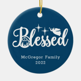 Ornamento De Cerâmica Natal Natividade Abençoada Azul e Branco