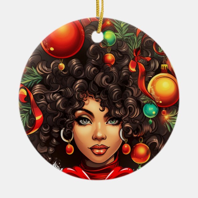 Ornamento De Cerâmica Natal Negro Sista Melanin Rainha Xmas (Frente)