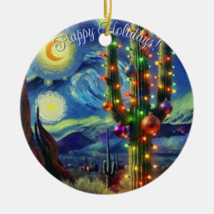 Ornamento De Cerâmica Natal no Desert Saguaro Cactus Blue Green