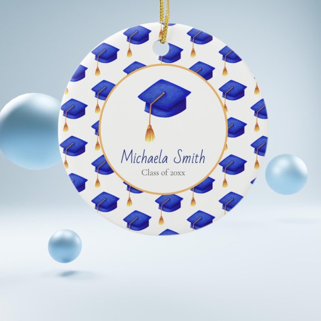 Ornamento De Cerâmica Natal para Graduação do Segundo grau Azul Real (Royal blue graduation cap class off christmas keepsake ornament)