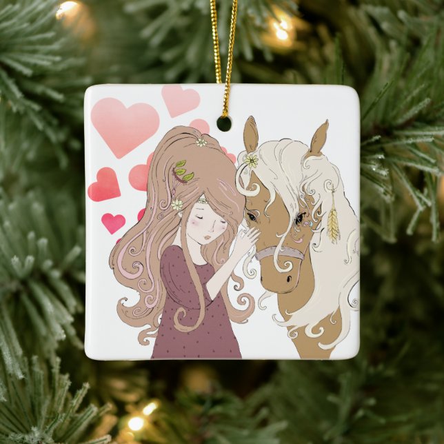 Ornamento De Cerâmica Natal para Menina Personalizada, Cavalo e Corações (Árvore)
