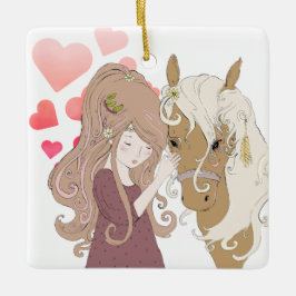 Ornamento De Cerâmica Natal para Menina Personalizada, Cavalo e Corações