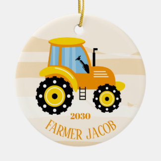 Ornamento De Cerâmica Natal para o Trator Amarelo de Meninos Personaliza