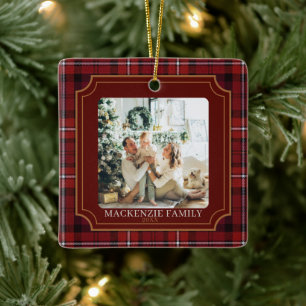 Ornamento De Cerâmica Natal Personalizado com Foto e Xadrez Vermelho