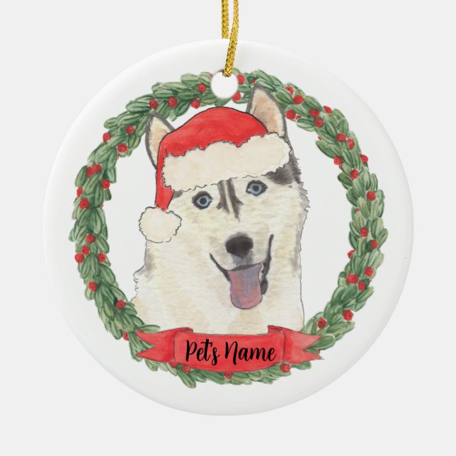 Ornamento De Cerâmica Natal Personalizado com Husky (Frente)
