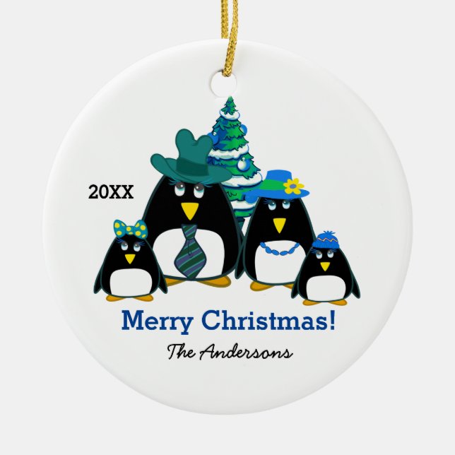 Ornamento De Cerâmica Natal Personalizado da Família Penguin Engraçado (Frente)