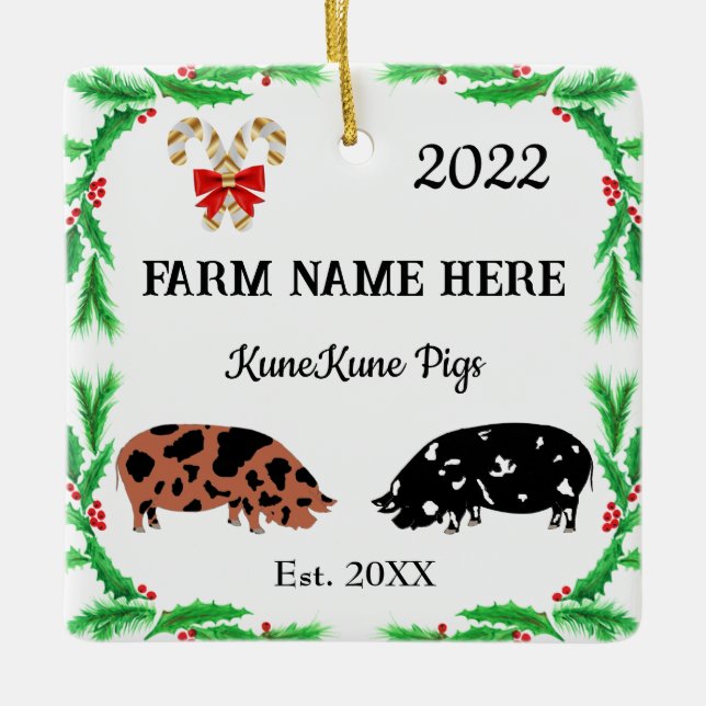 Ornamento De Cerâmica Natal personalizado da Fazenda KuneKune Pig #2 (Frente)