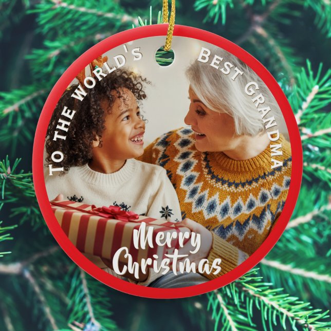 Ornamento De Cerâmica Natal personalizado da melhor avó do mundo (Create your own festive. ornament for Grandma. complete with your choice of photo and message)