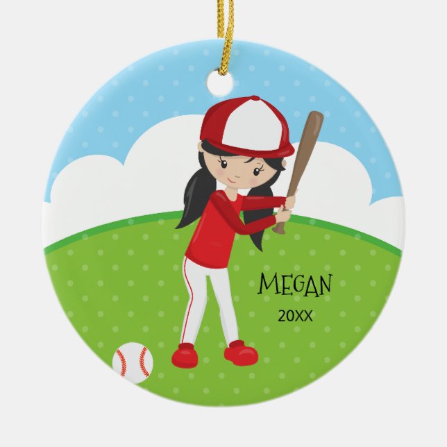Ornamento De Cerâmica Natal personalizado da menina basebol bonito (Frente)