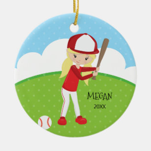 Ornamento De Cerâmica Natal personalizado da menina basebol louro bonito