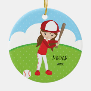 Ornamento De Cerâmica Natal personalizado da menina basebol triguenho