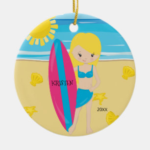 Ornamento De Cerâmica Natal personalizado de BlondeSurfer menina bonito