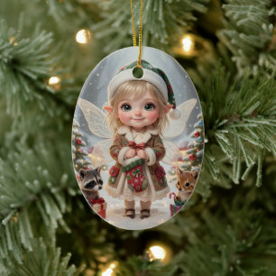 Ornamento De Cerâmica Natal Personalizado de Menina Chibi Floresta Encan