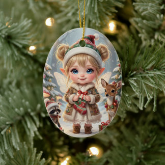 Ornamento De Cerâmica Natal Personalizado de Menina Chibi Florestal Fofo