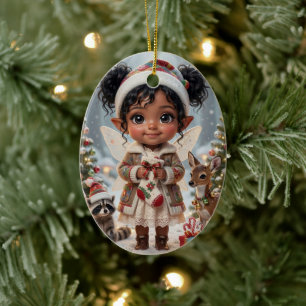 Ornamento De Cerâmica Natal Personalizado de Menina Chibi Florestal Fofo