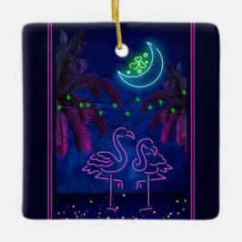 Ornamento De Cerâmica Natal personalizado de Neon Flamingo Casal Praia