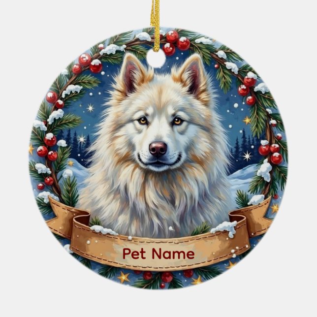 Ornamento De Cerâmica Natal Personalizado de Samoyed (Traseira)