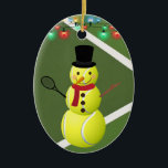 Ornamento De Cerâmica Natal personalizado de Tênis Ball Snowman<br><div class="desc">Este design de feriado de Enfeites de natal exclusivo apresenta um fundo verde de tênis com um boneco de neve de tênis mais bonito. Personalize as costas com um nome e um ano!</div>