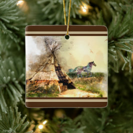 Ornamento De Cerâmica Natal personalizado de Tipi e Pony Tepee Horse