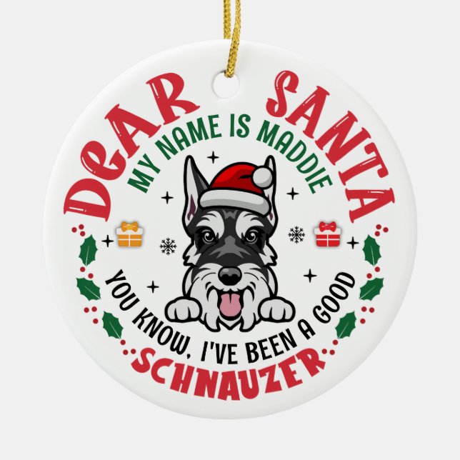 Ornamento De Cerâmica Natal personalizado do cão Schnauzer (Frente)